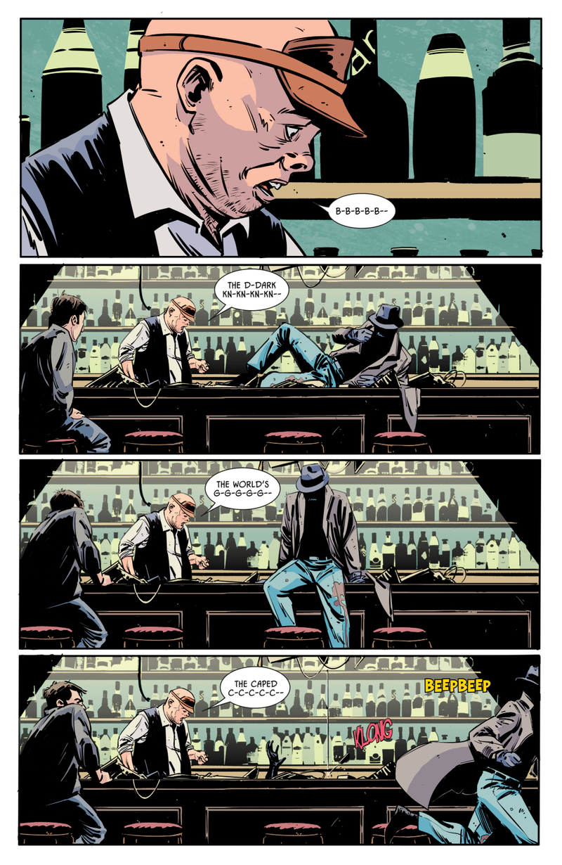 Batman and his foe crashing in on a local dive bar.